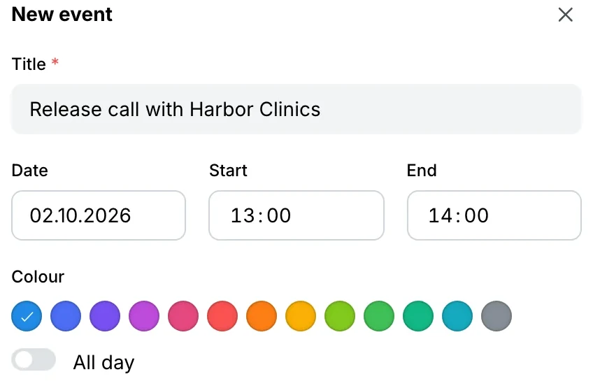 New event: title, date and time, Colour — 13 meeting colours