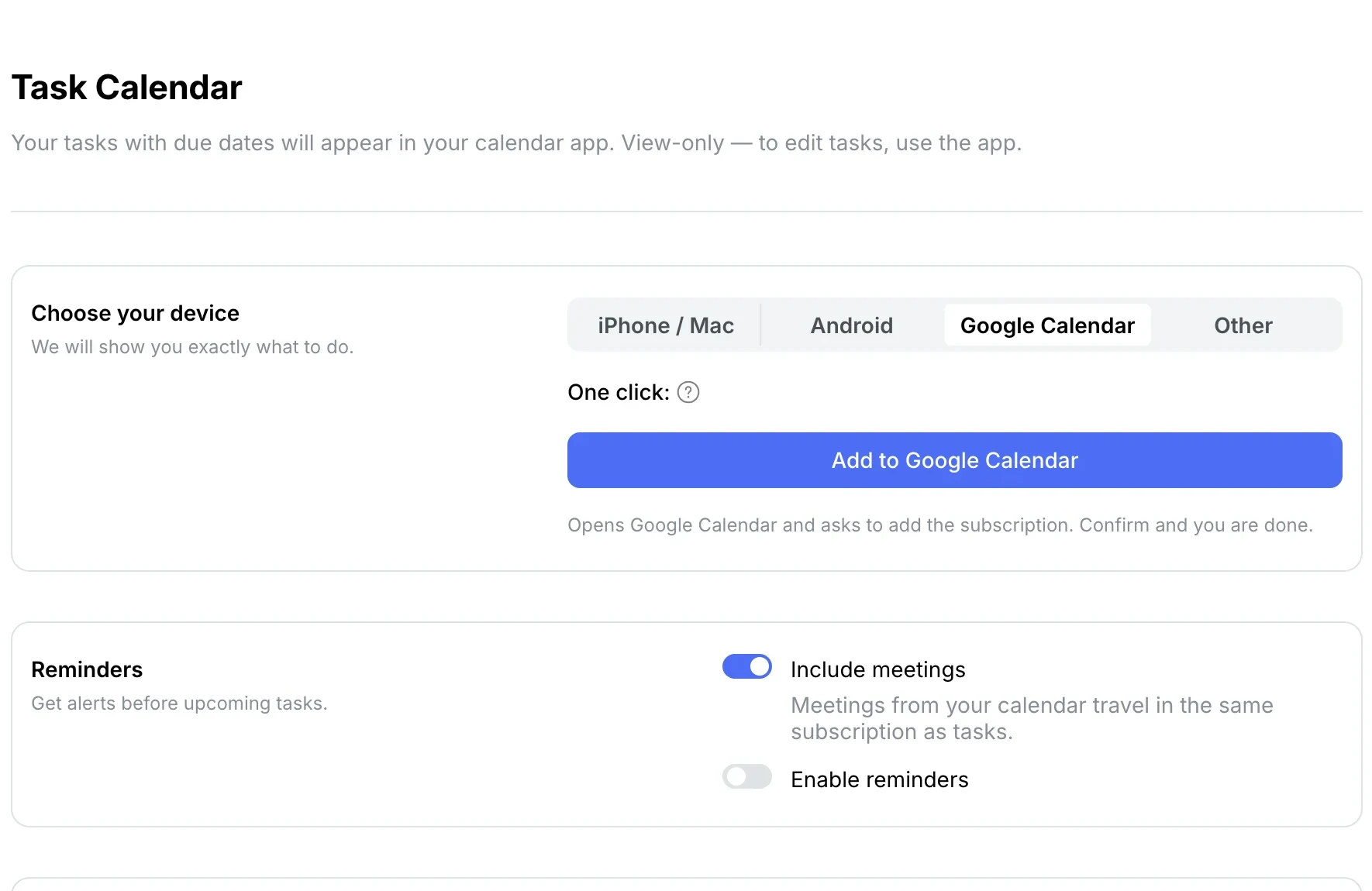 Include meetings: calendar meetings go in the same subscription as tasks