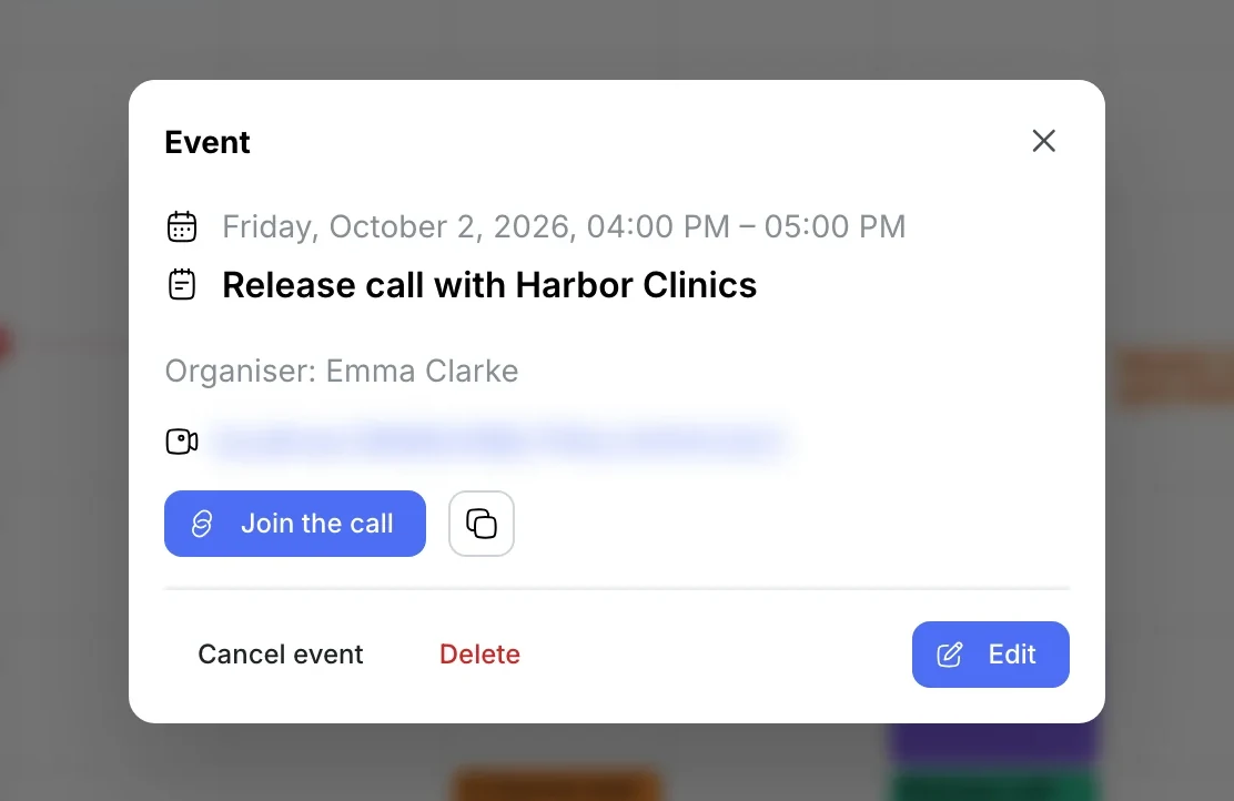 Meeting card: Join the call and copy link