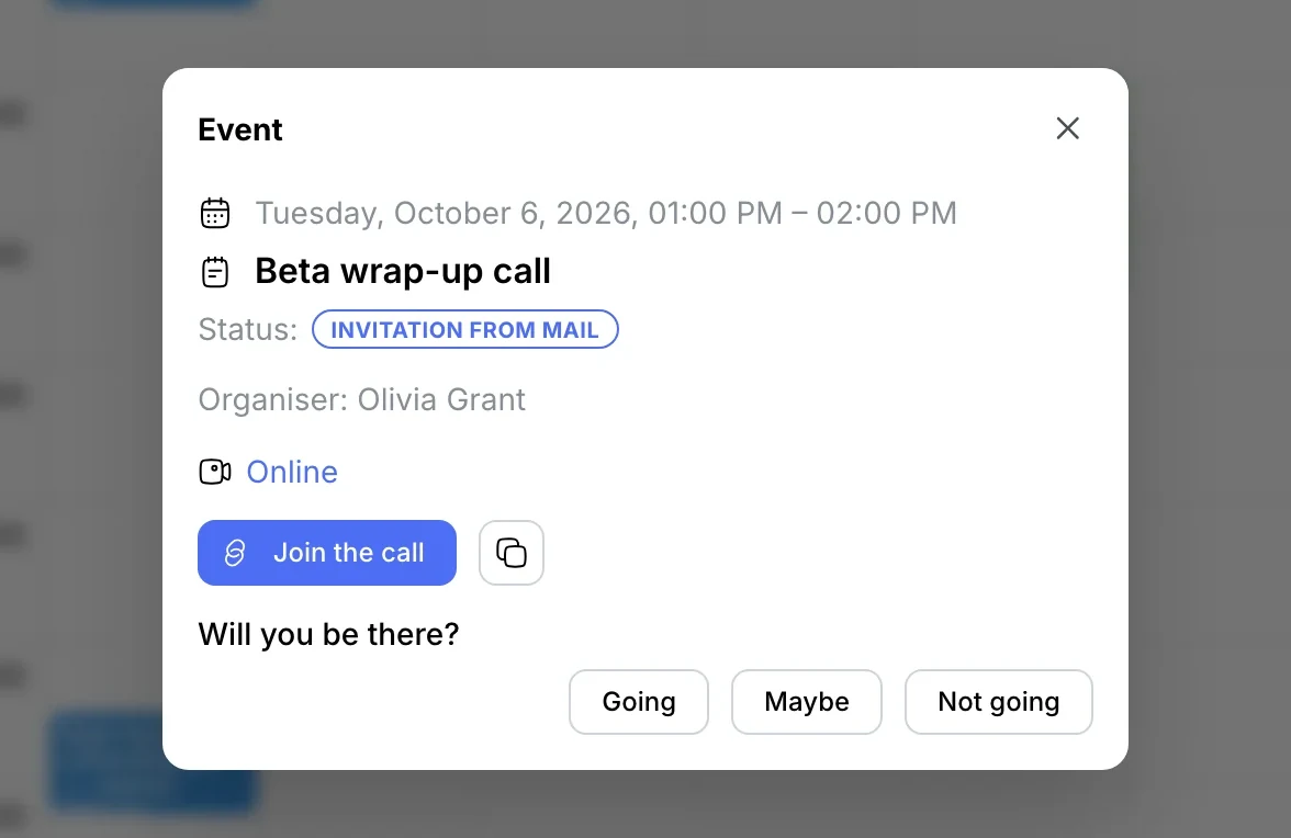 Beta wrap-up call: status Invitation from mail, Join the call and Going / Maybe / Not going