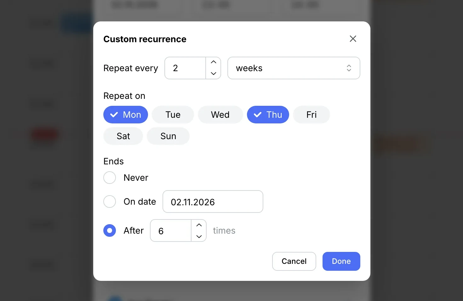 Custom repeat: every 2 weeks, Monday and Thursday, after 6 occurrences