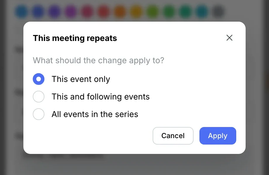 Recurring meeting: this event, this and following, all events