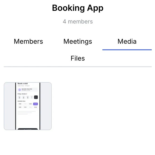 Group info → Media tab: an image shared in the group