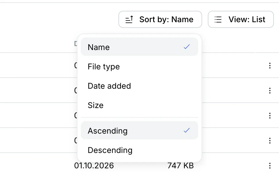 Sort menu: name, file type, date added, size