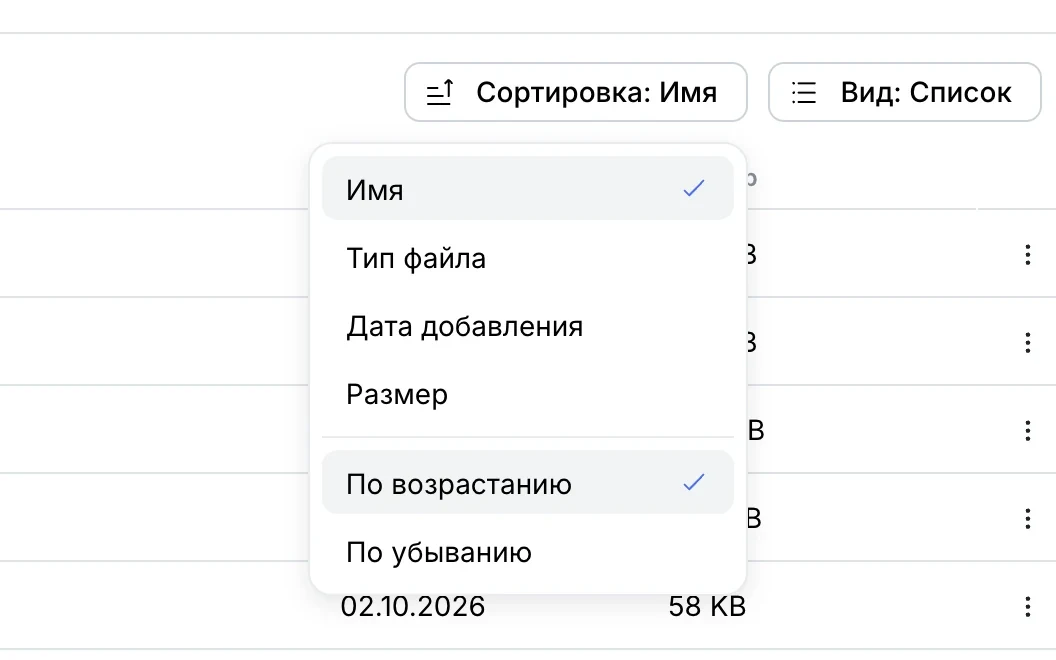 Меню сортировки: имя, тип файла, дата добавления, размер