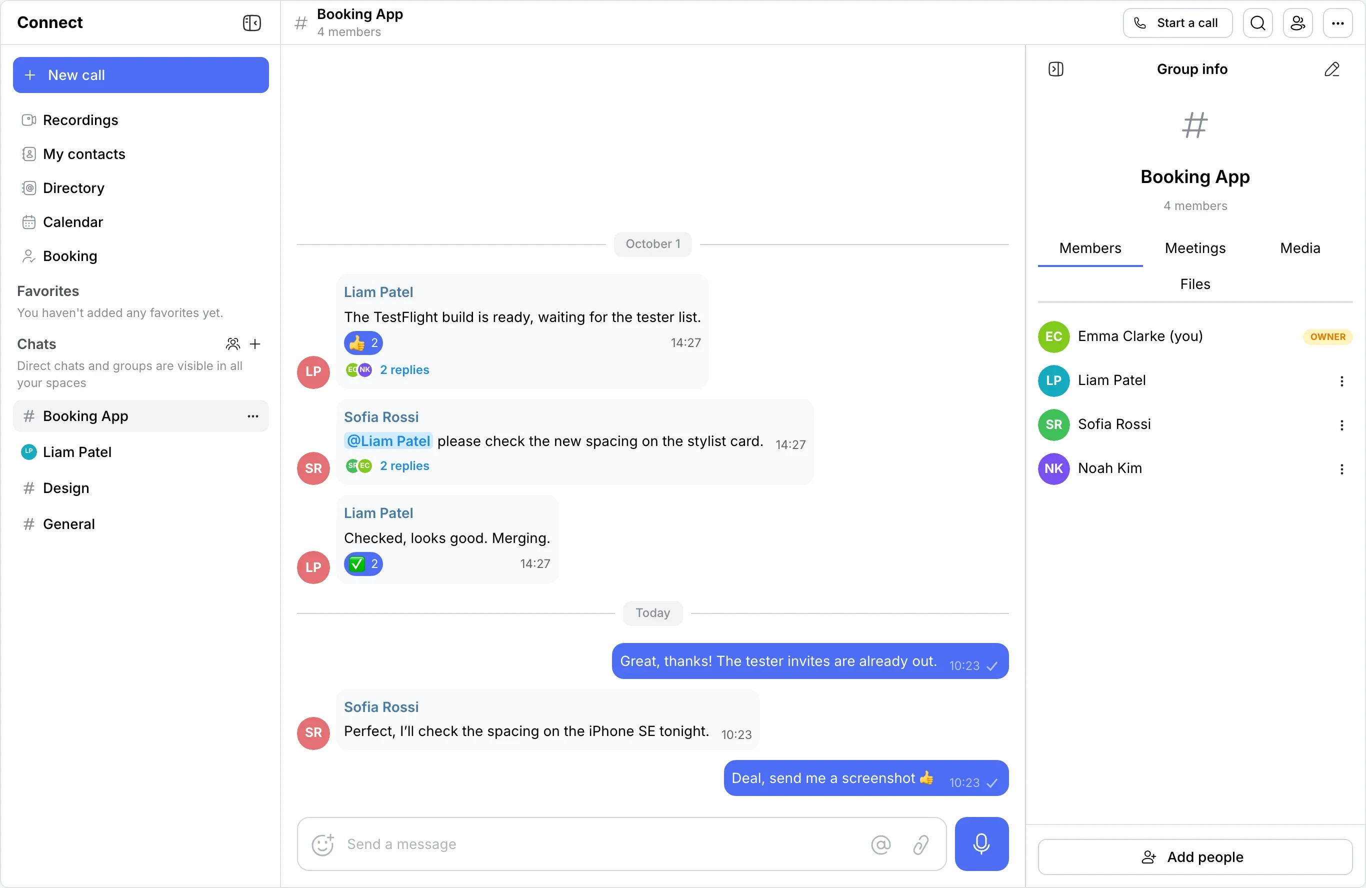 Group info panel: members, meetings, media, files