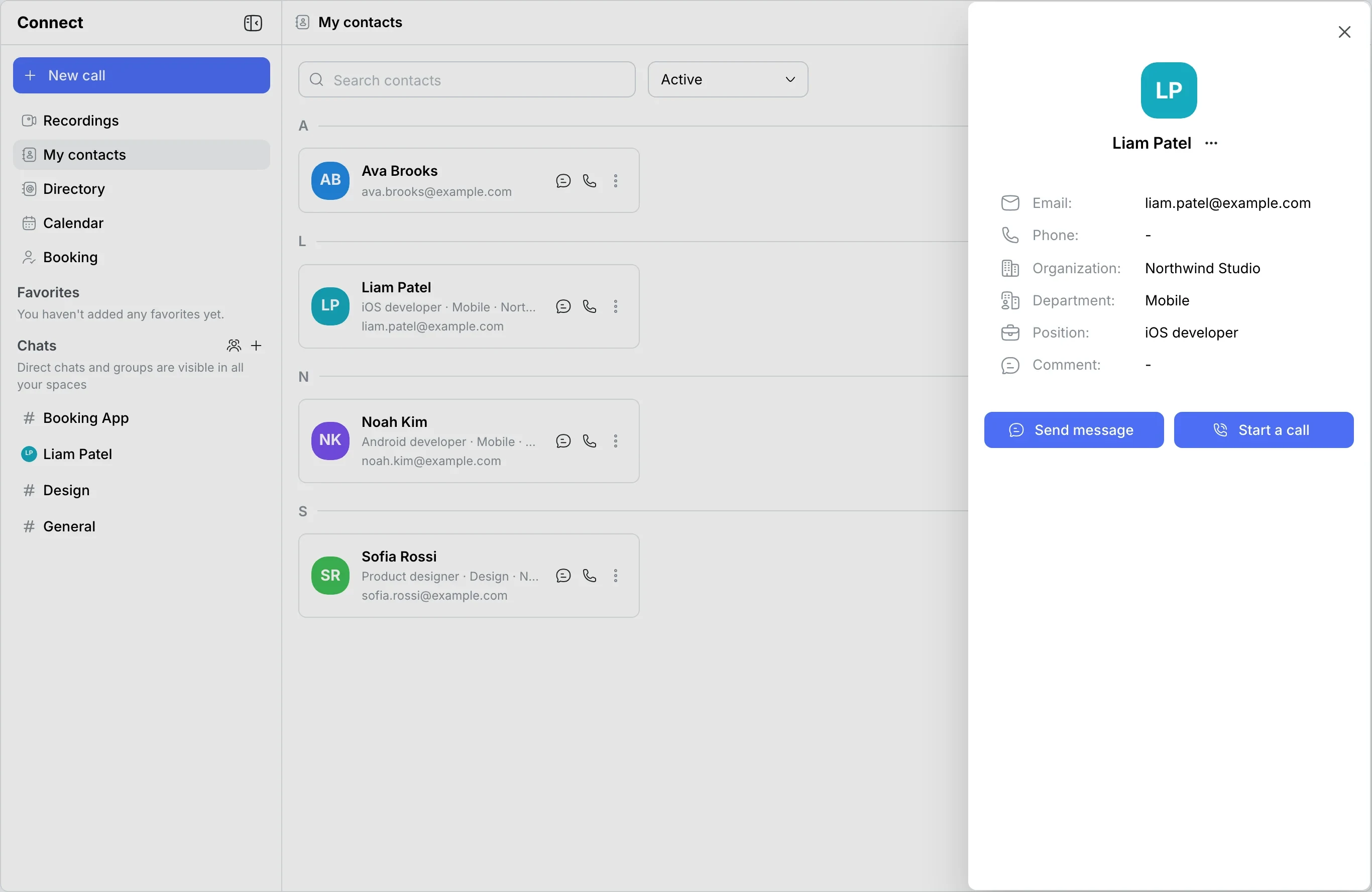 Contact card: email, organization, department, position, message and call