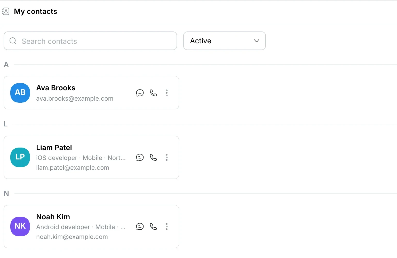 My contacts: search, filter, colleagues with roles
