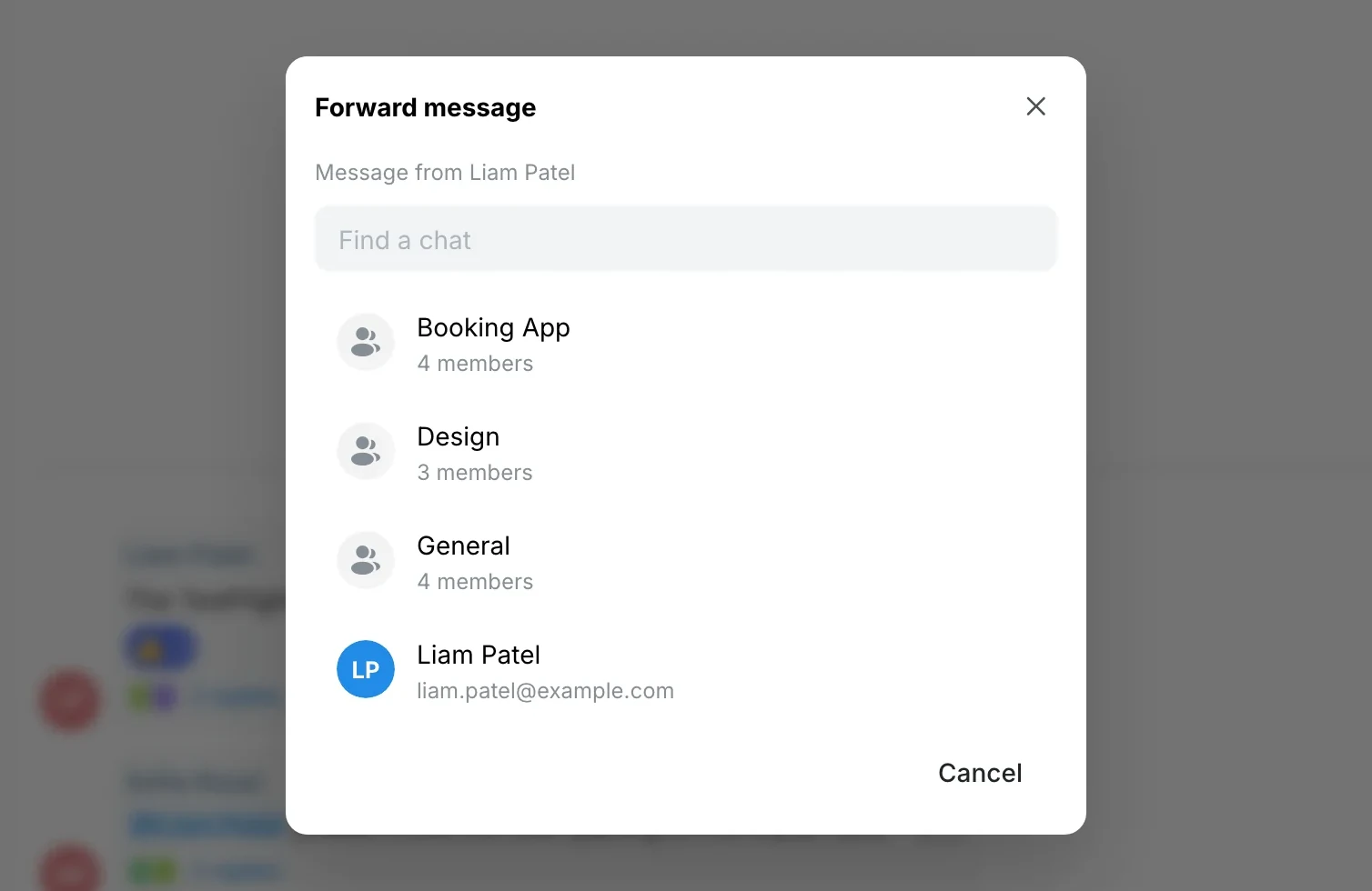 Forward message: list of groups and direct chats
