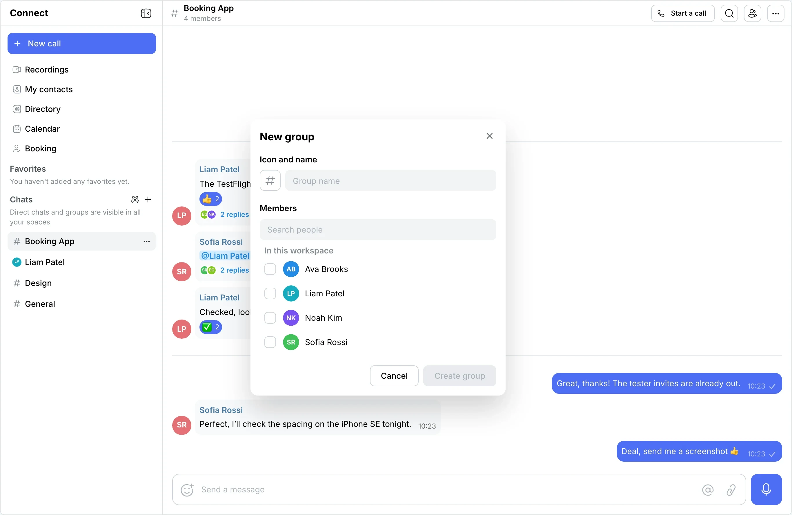 Chats: direct chats and groups are visible in all your spaces