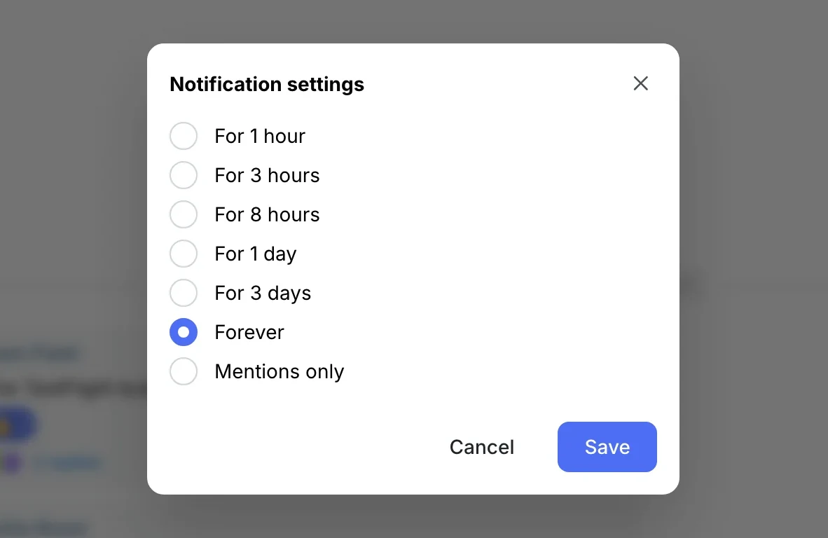 Notification settings: for 1 hour … forever, mentions only