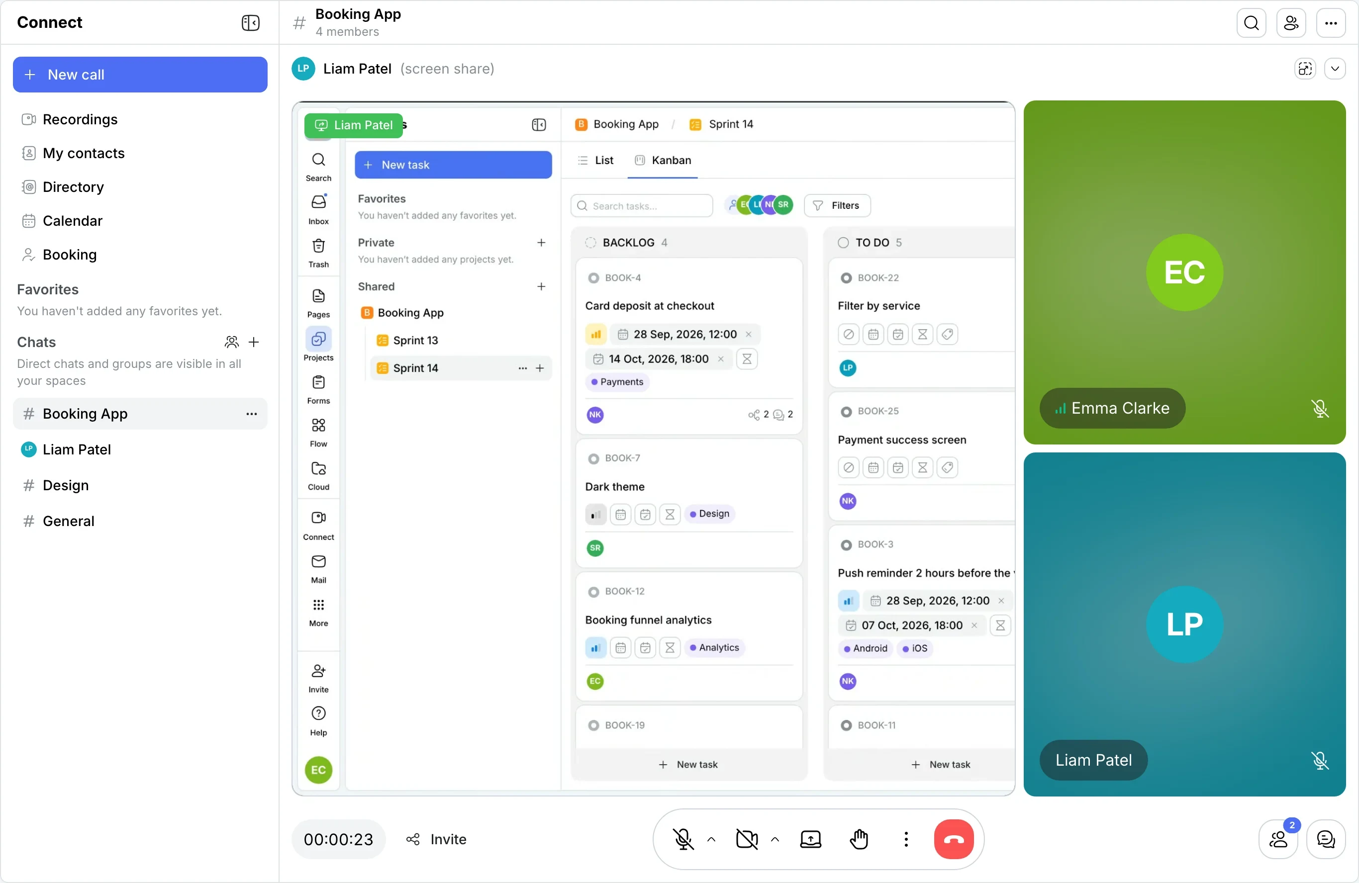 Screen share large, participant tiles with names on the side