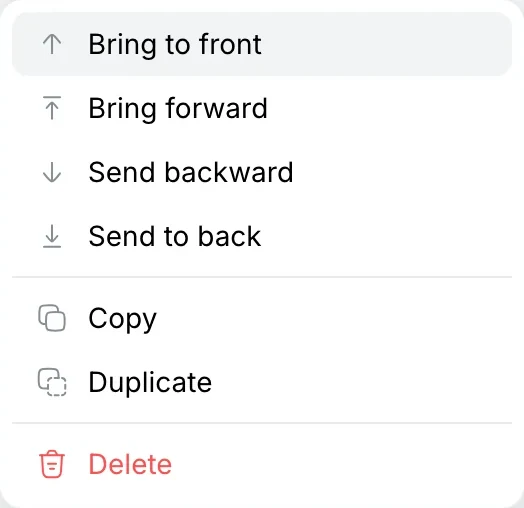 Shape menu: bring to front, forward, backward, send to back