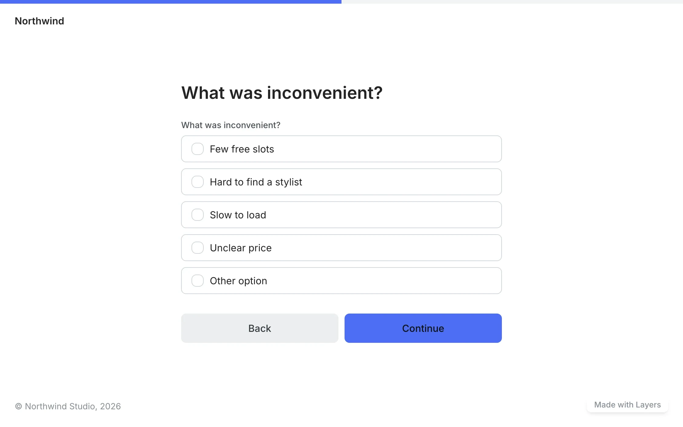 Public form: progress bar along the top, step “What was inconvenient?”