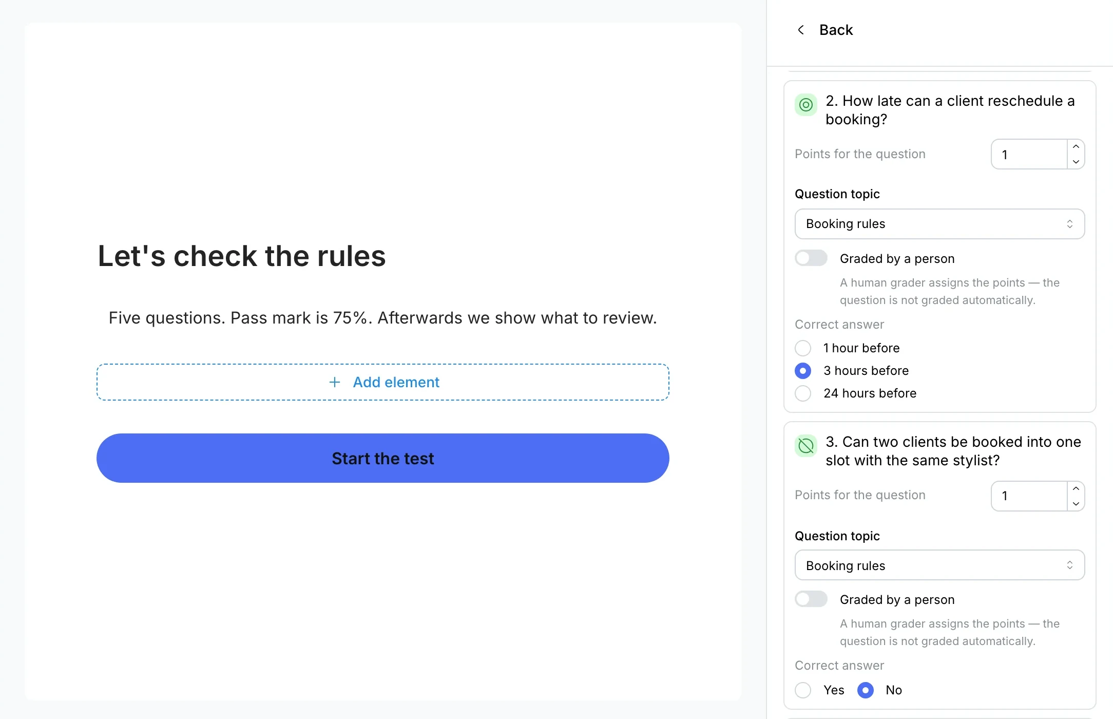 Test question: points, topic “Booking rules” and the correct answer