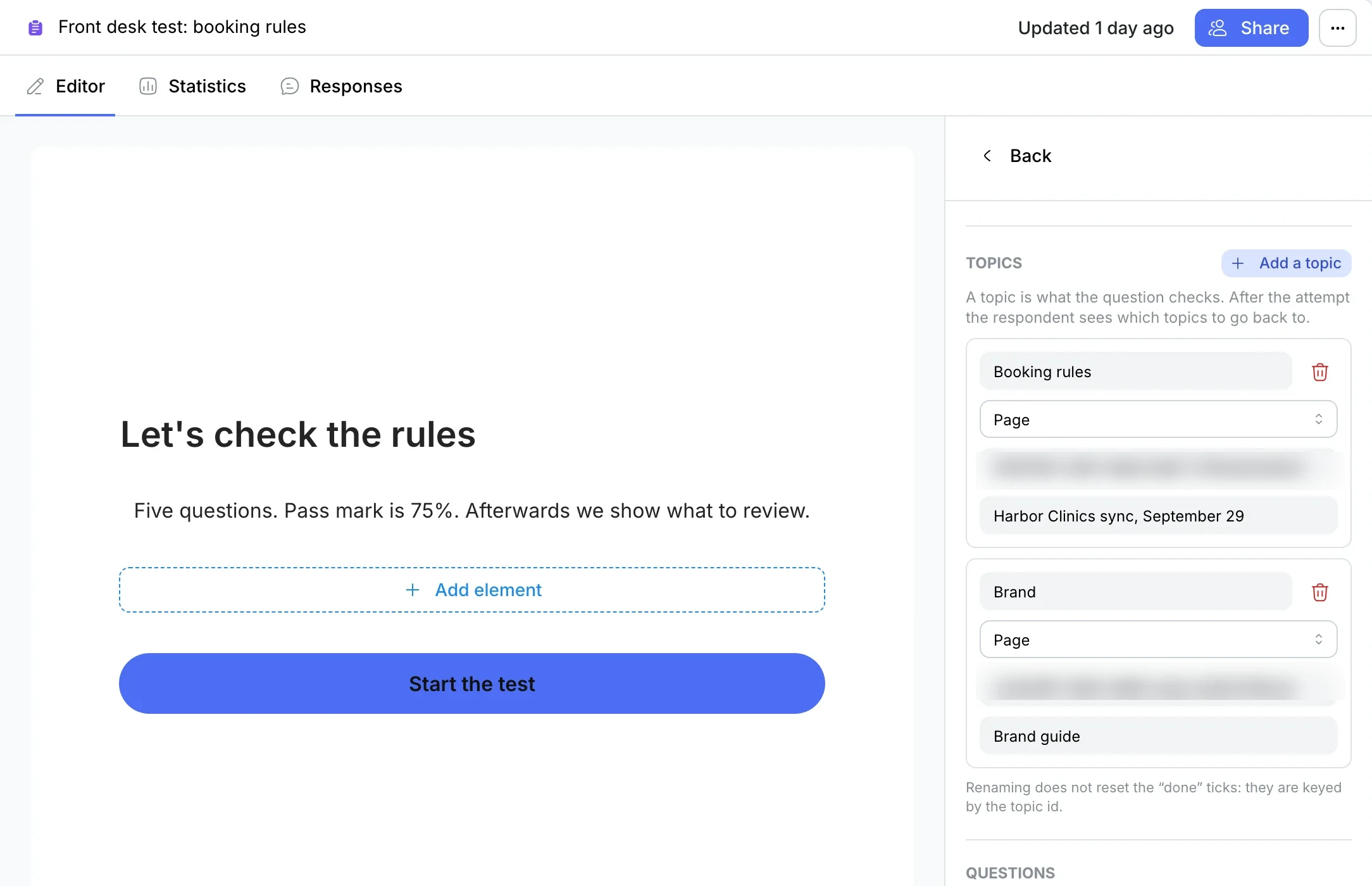 Test topics “Booking rules” and “Brand” with linked pages