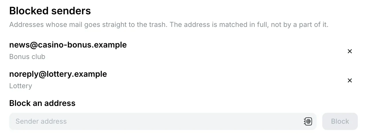Blocked senders: two addresses