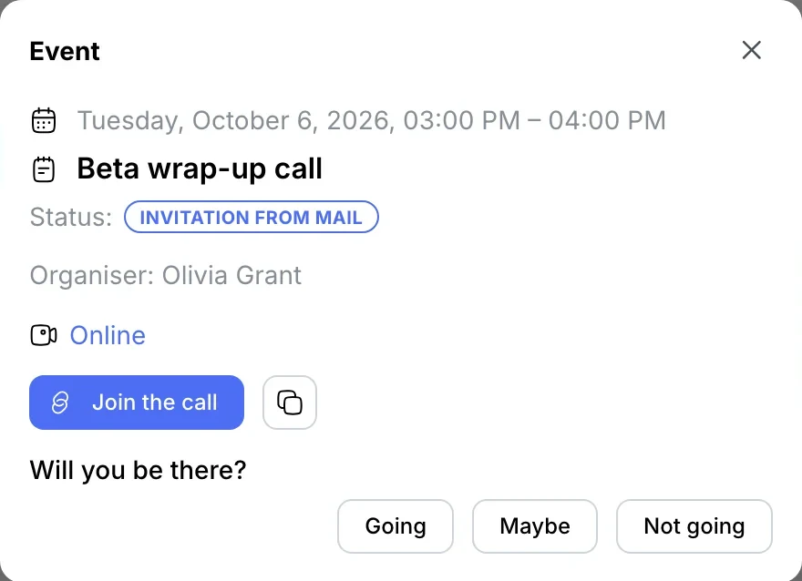 Calendar event: status Invitation from mail, Going / Maybe / Not going