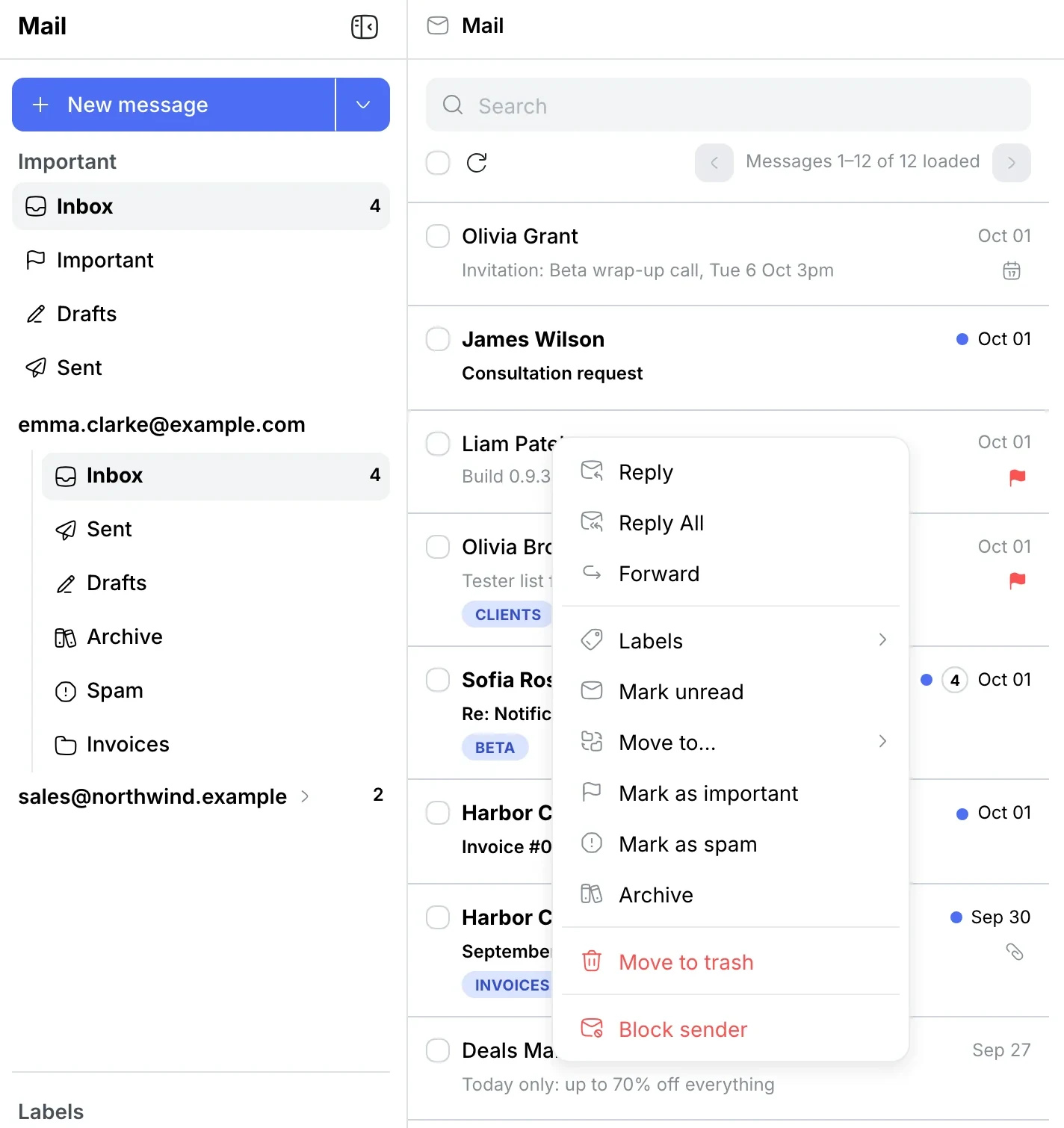Message menu: Move to…, Mark as spam, Archive, Block sender