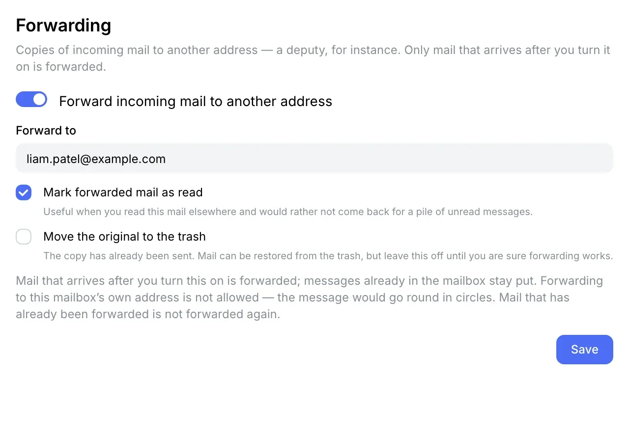 Forwarding to a colleague, Mark forwarded mail as read