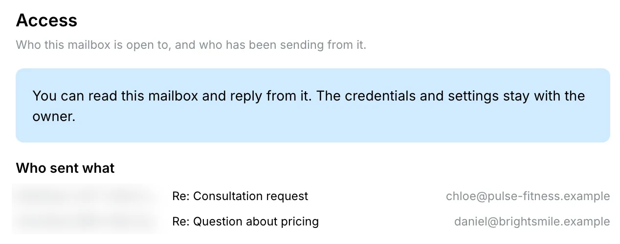 For a colleague: “You can read this mailbox and reply from it” and the Who sent what log — two replies and their recipients