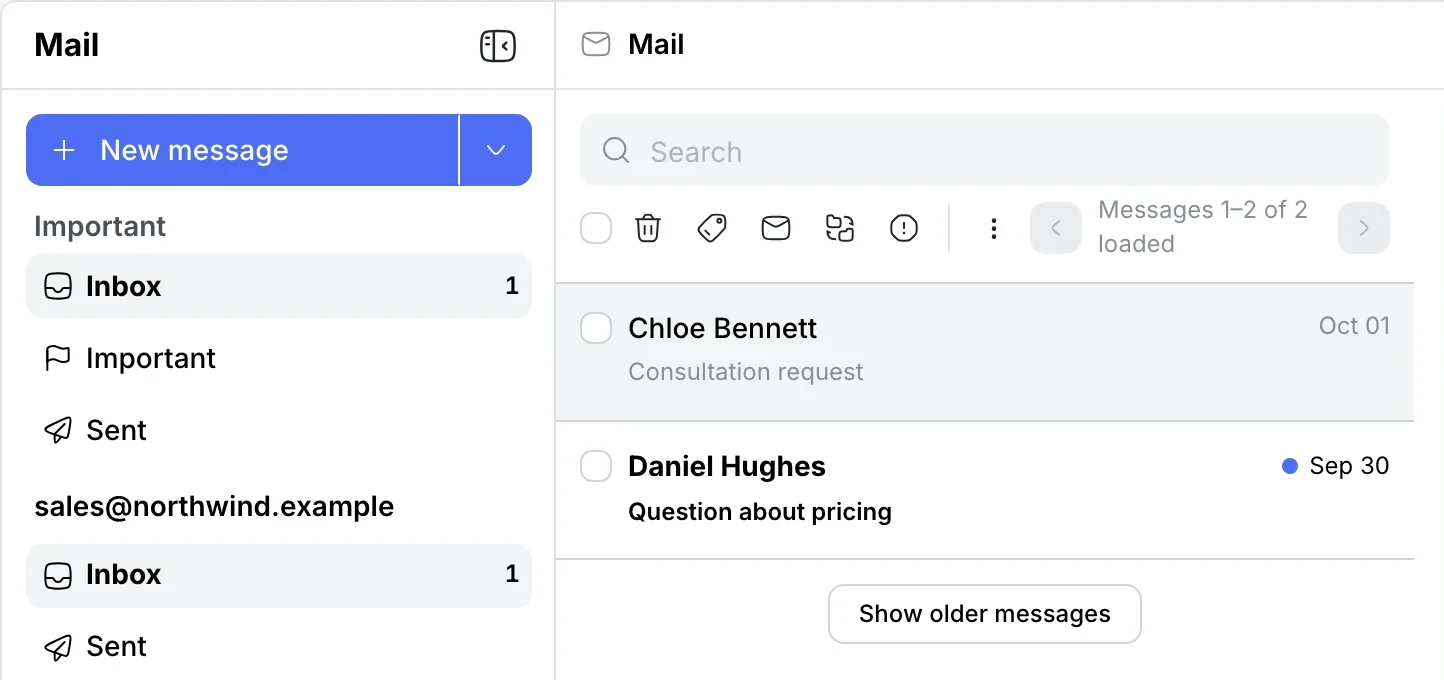 A colleague’s mail: the shared sales@ mailbox and its messages