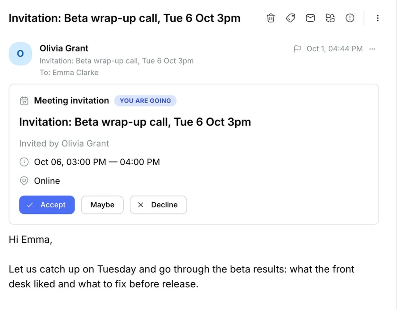 Invitation card: invited by Olivia Grant, Oct 06, 3–4 PM, Online, You are going
