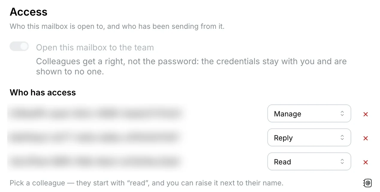 Access: the mailbox is open to the team, colleagues get a right, not the password; Who has access shows Manage, Reply, Read