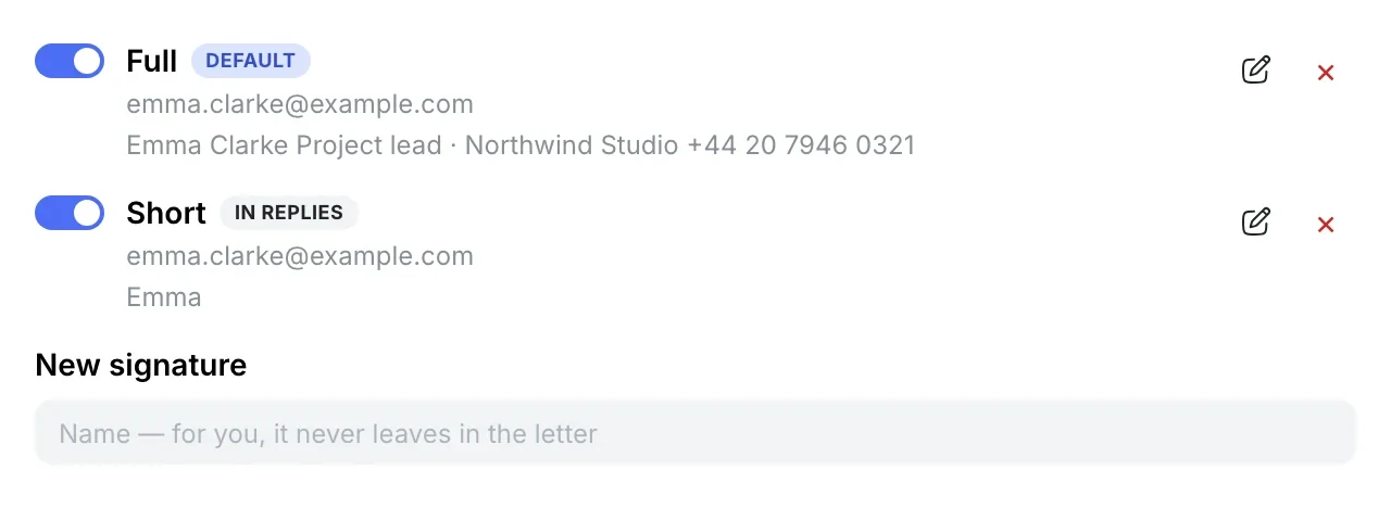 Signatures: Full — default, Short — in replies