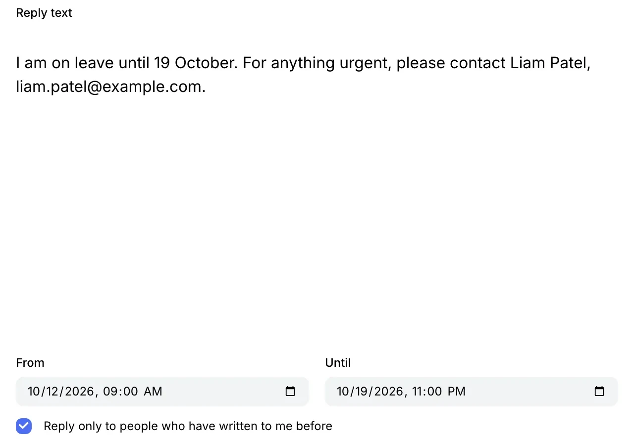 Auto-reply: 10/12–10/19, only to people who have written before