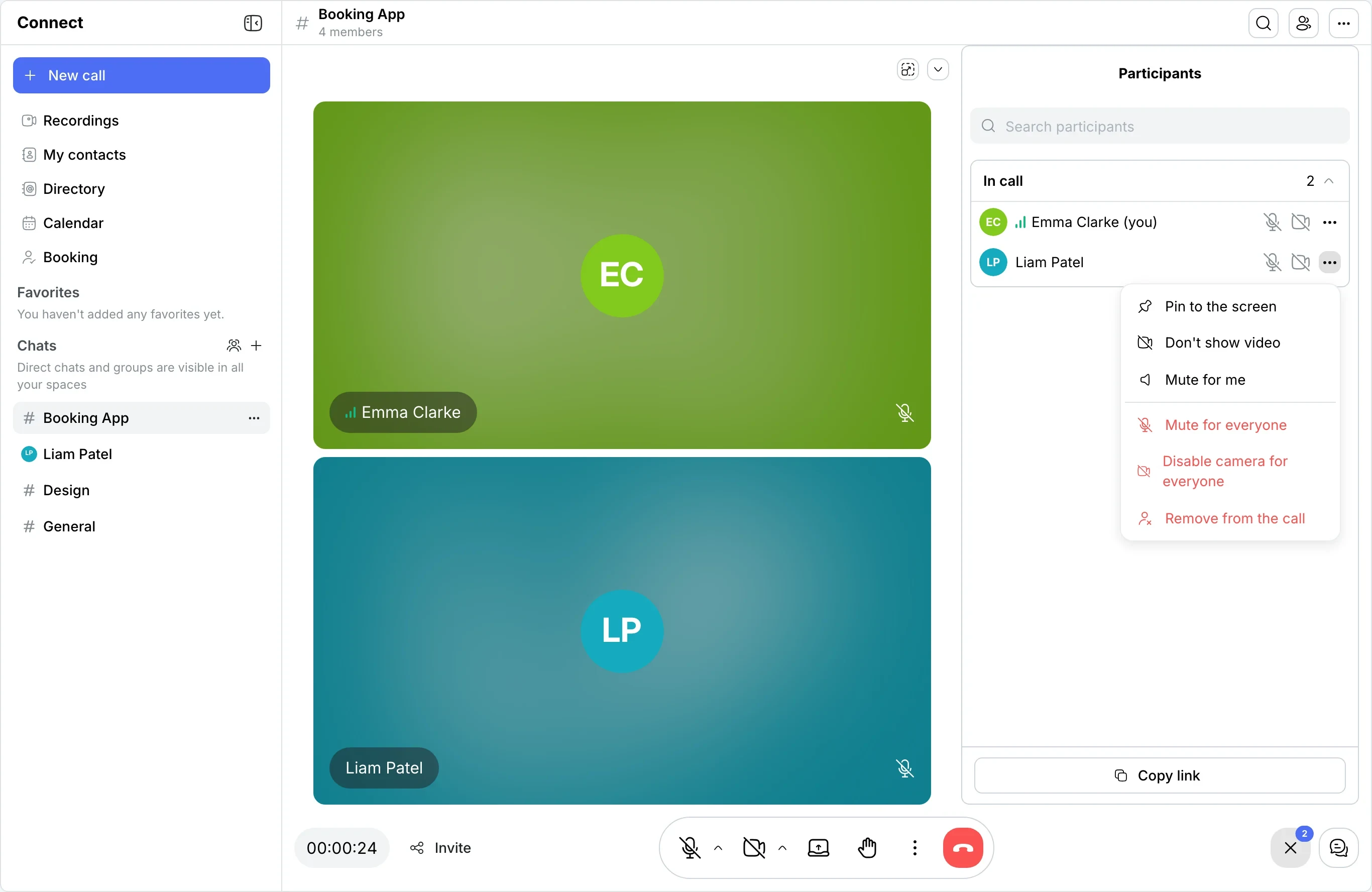 In call: the Actions menu on a participant — pin to the screen, don’t show video, mute for me, mute for everyone, disable camera for everyone, remove from the call