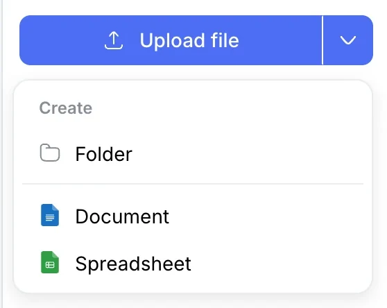 The Create menu in Drive: Folder, Document, Spreadsheet