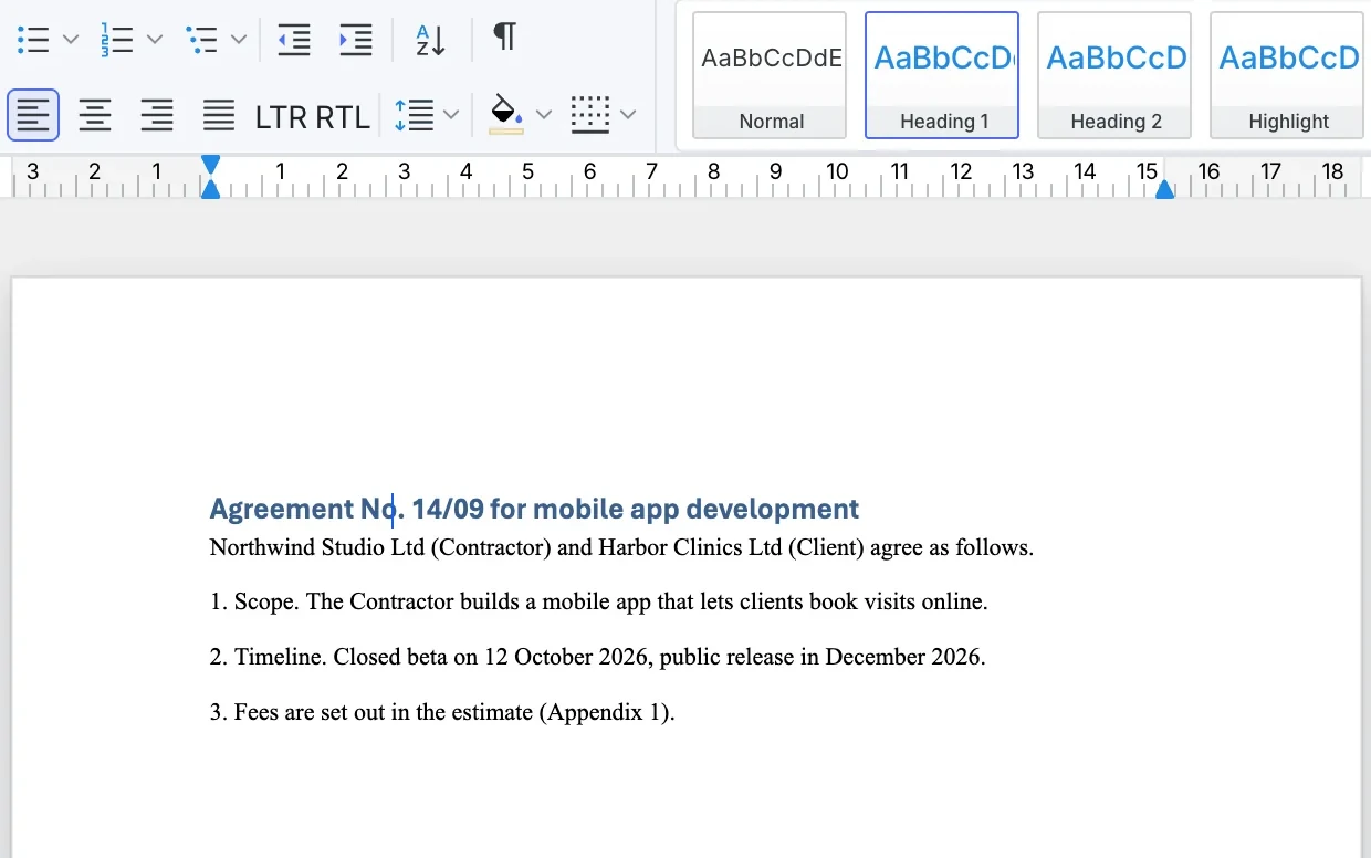 The cursor is in the agreement title; Heading 1 is highlighted in the ribbon
