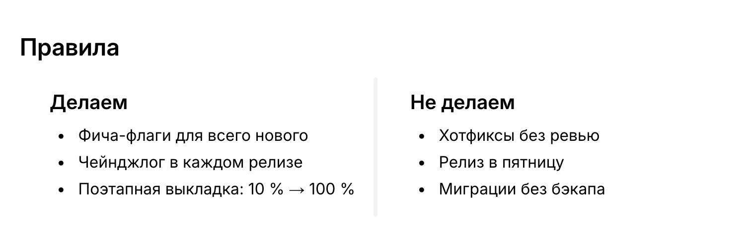 Две колонки: «Делаем» и «Не делаем»