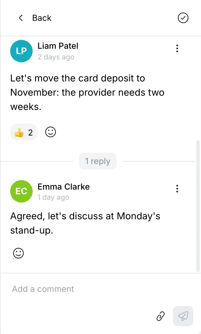 A comment thread with a reply and a 👍 2 reaction