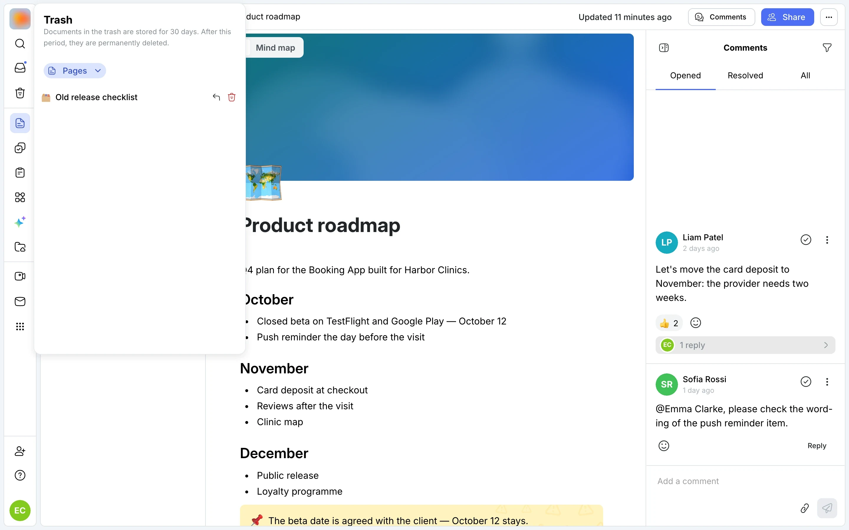 Trash: a deleted page and the restore button