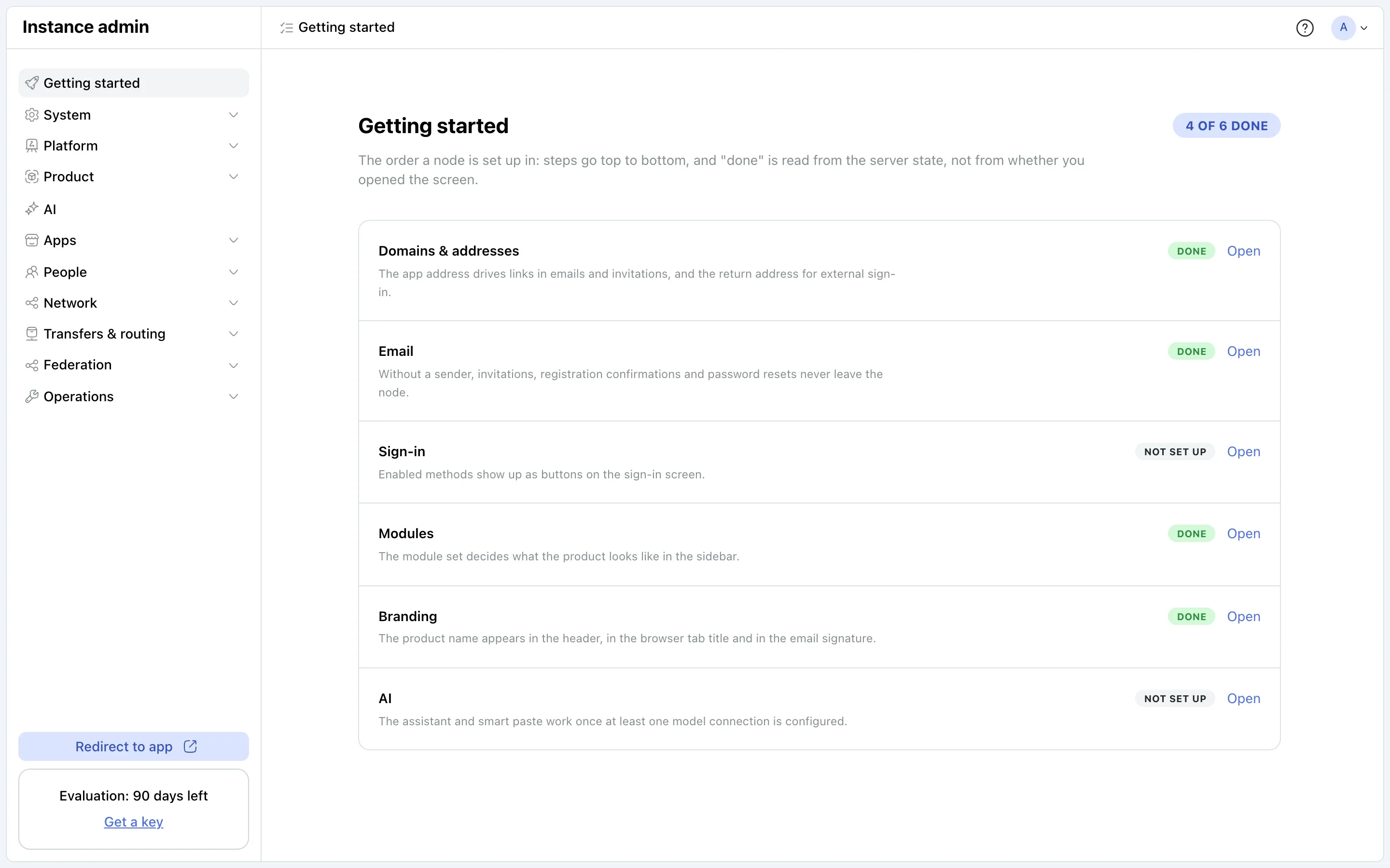 Instance admin: Getting started — six setup steps and the done counter