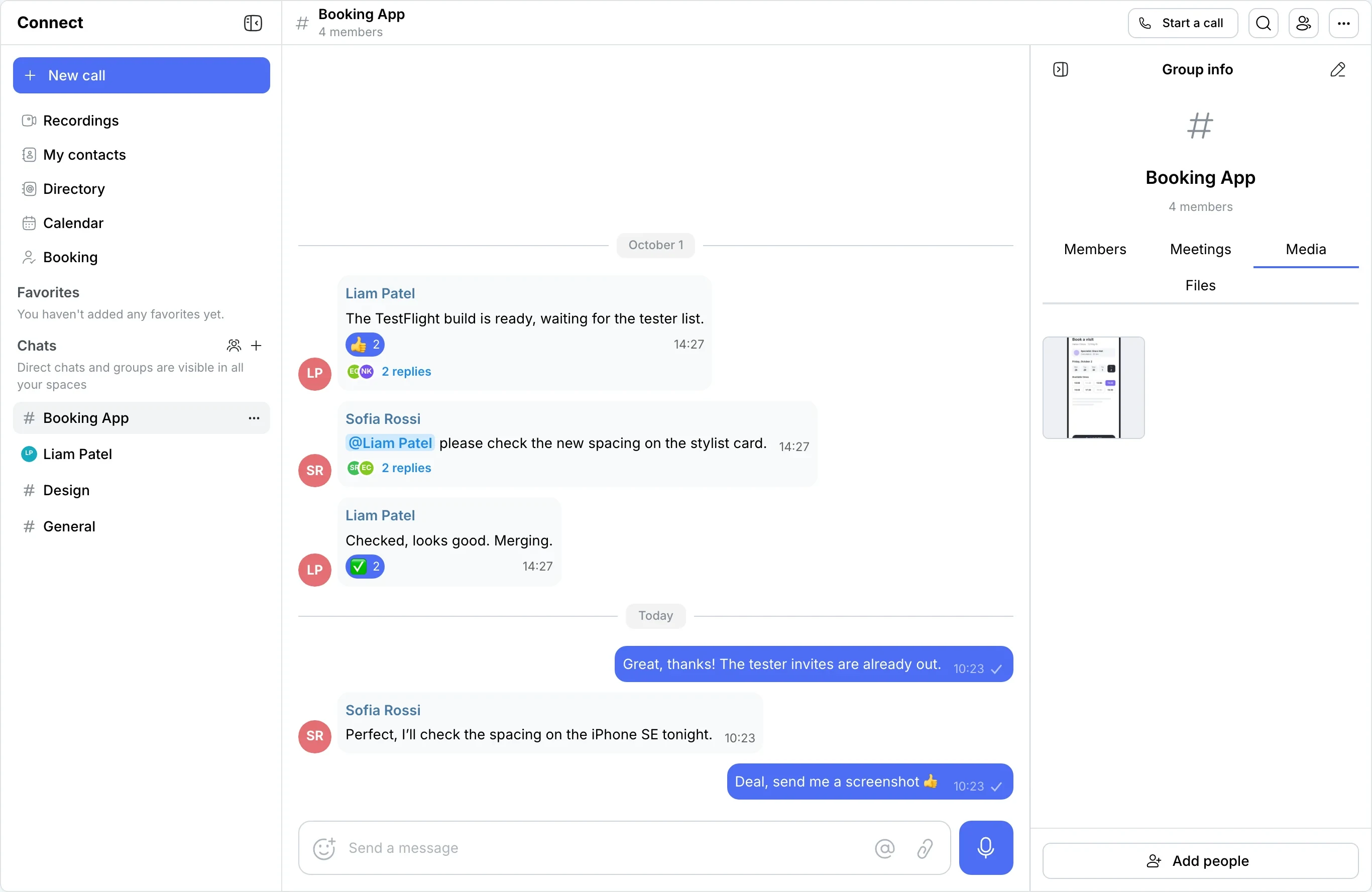 The Booking App group with the Group info panel on the Media tab