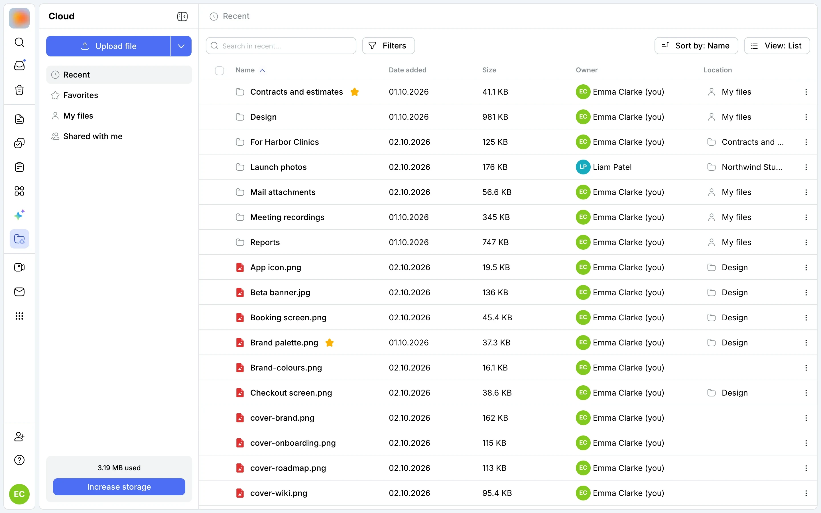 Cloud: Recent — team folders and files with owner and location