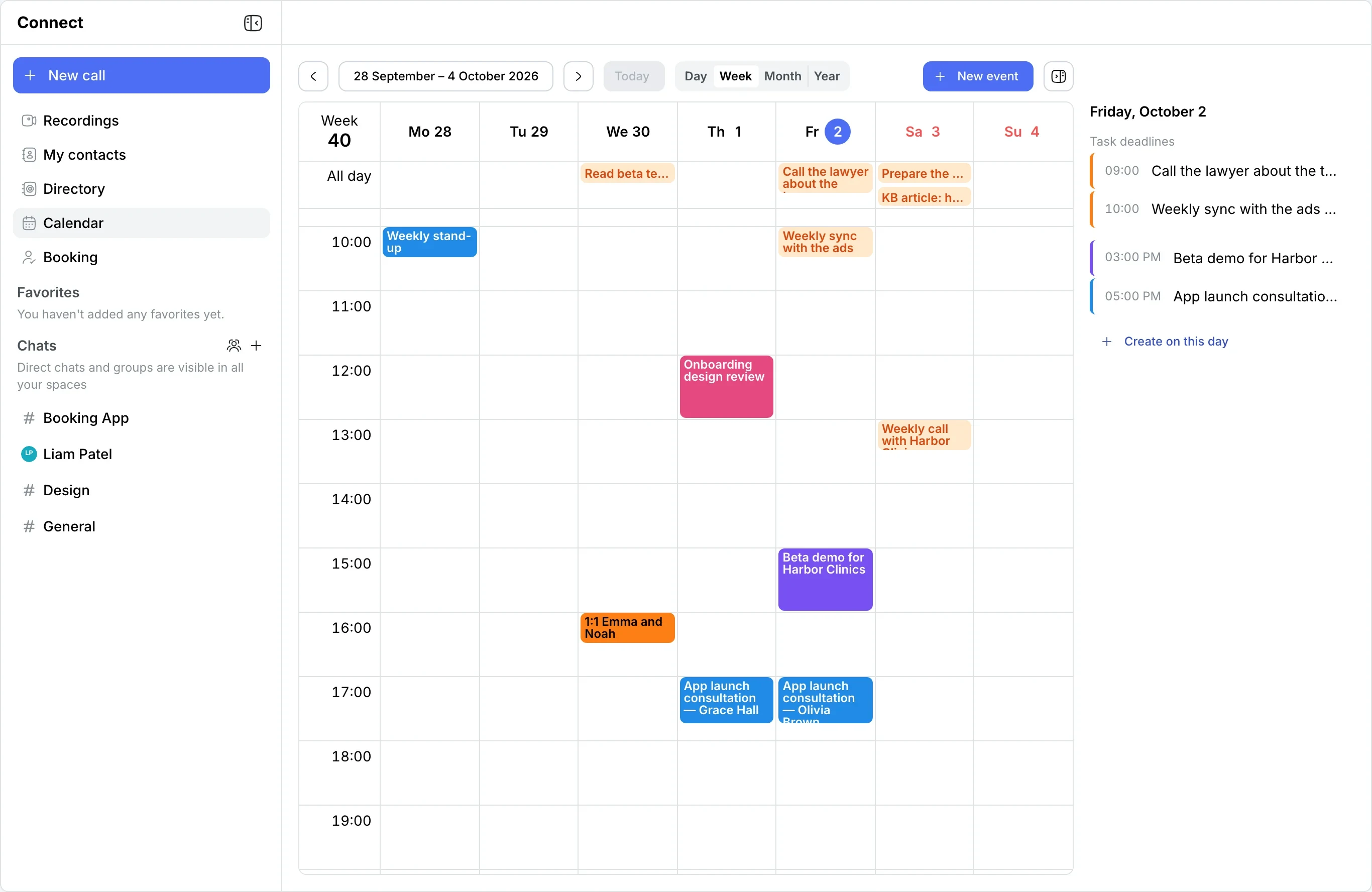 Calendar week: meetings and tasks by due date — timed ones in the grid, all-day ones in the All day row