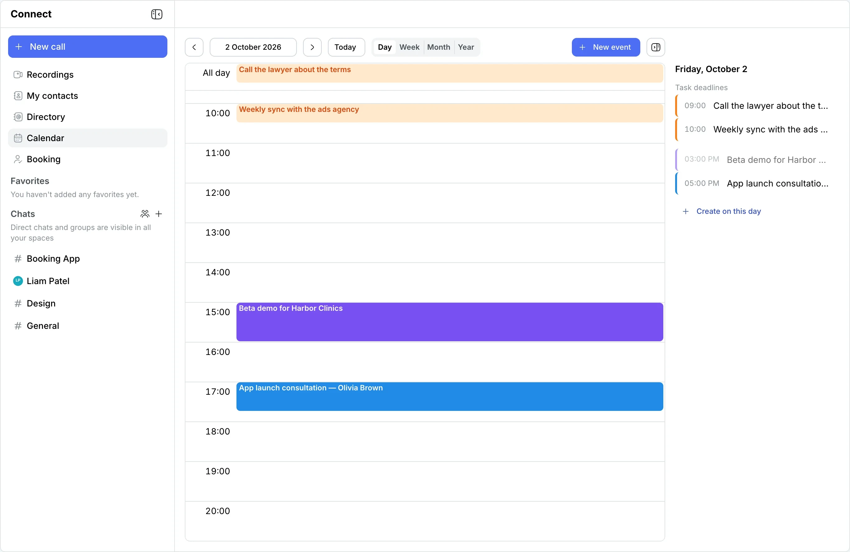Calendar day: at 17:00 — “App launch consultation — Olivia Brown”