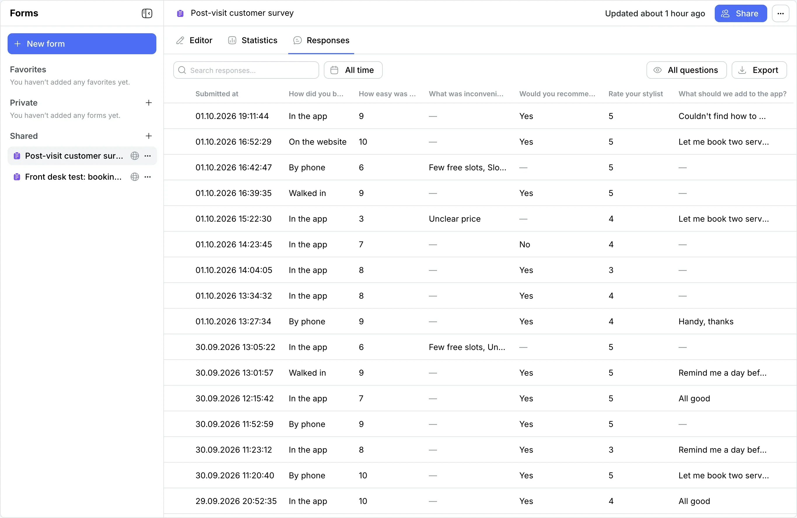 Responses tab: each submission is a row, each question a column