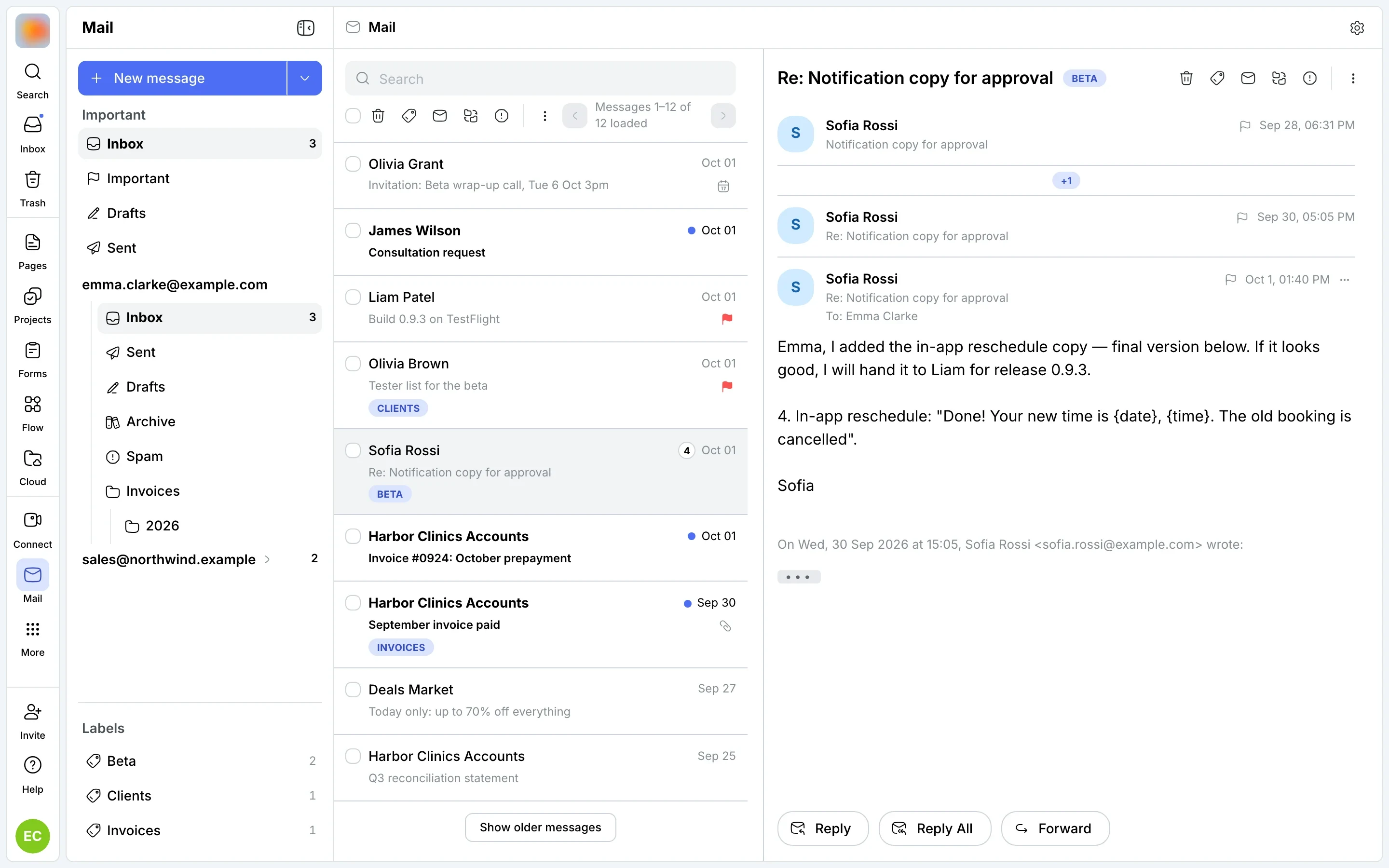 Inbox: two mailboxes, folders, labels and an open thread