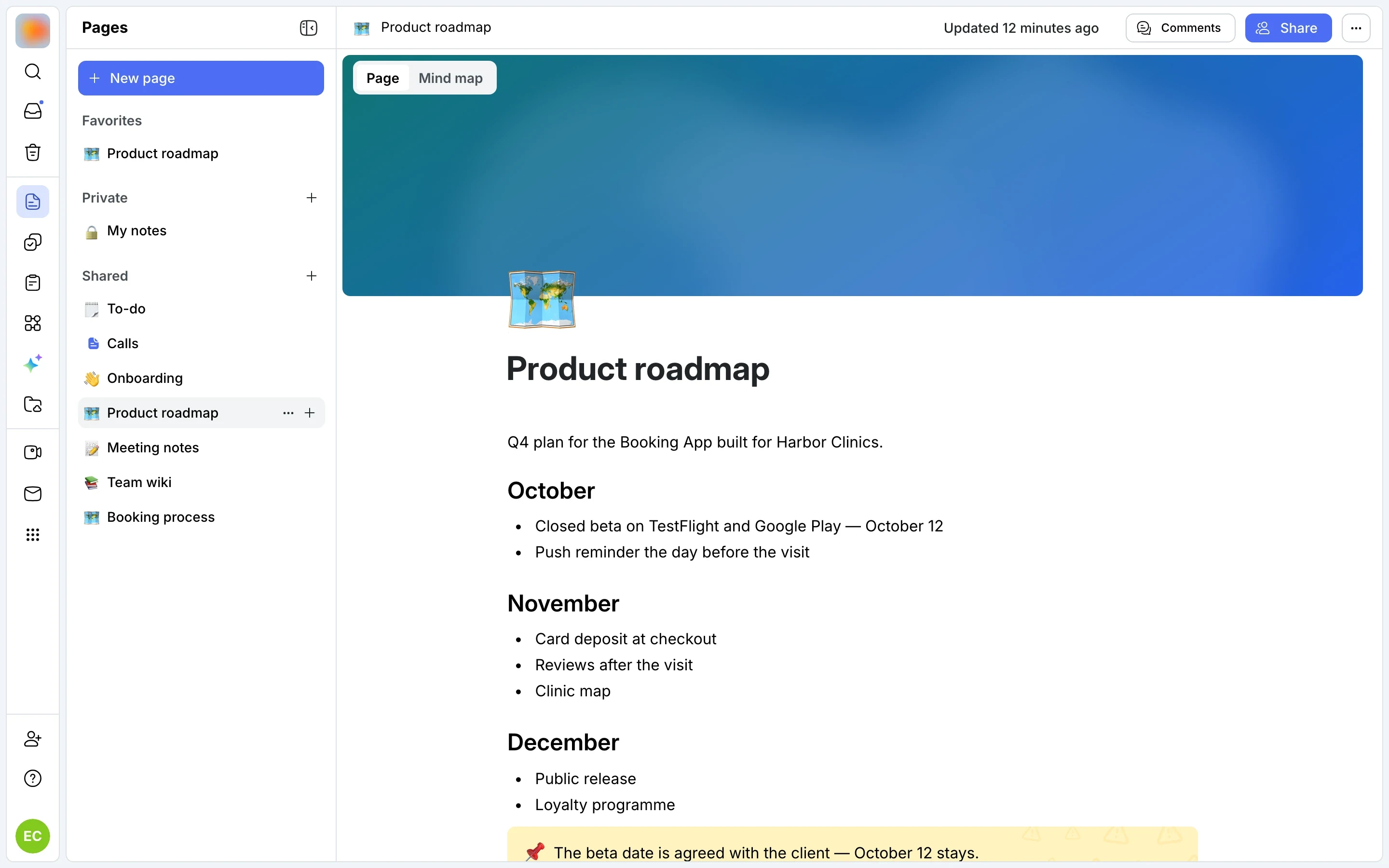 The Product roadmap page with the wiki tree on the left