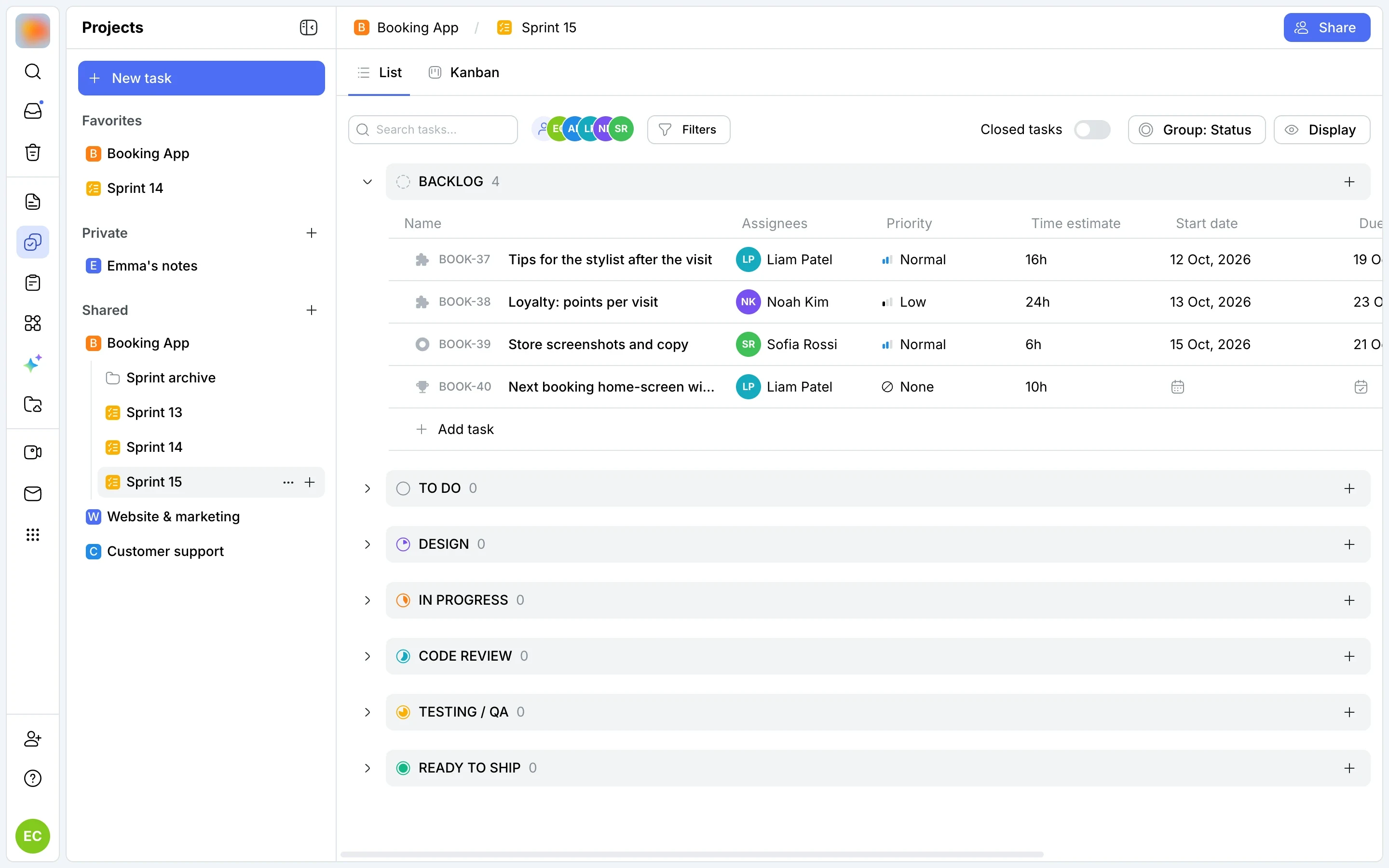 Project tree: Sprint 13, 14, 15 and the Sprint archive folder