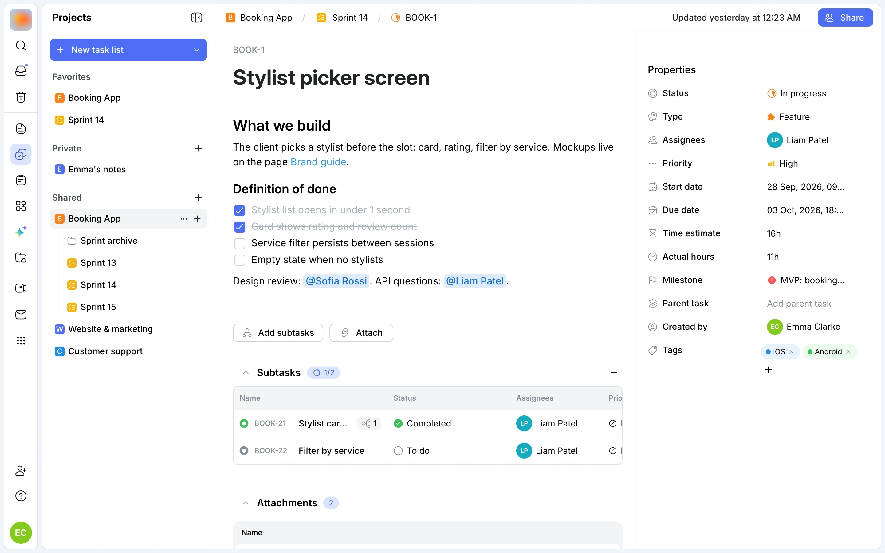 Task BOOK-1: description, subtasks, comments and properties