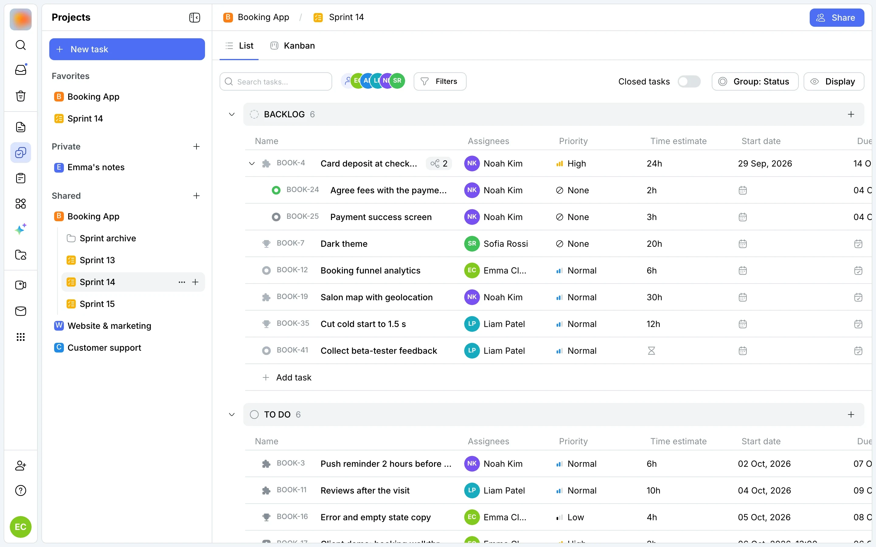 Sprint task list: status groups, keys, assignees and priority
